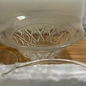 Vintage Clear Pressed Glass Punch Bowl with Ladle